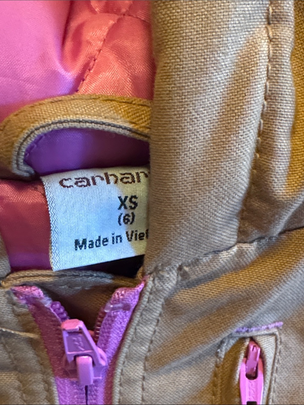 Carhartt Kids Brown Hooded Puffer Jacket with Pink Lining - Picture 4 of 8